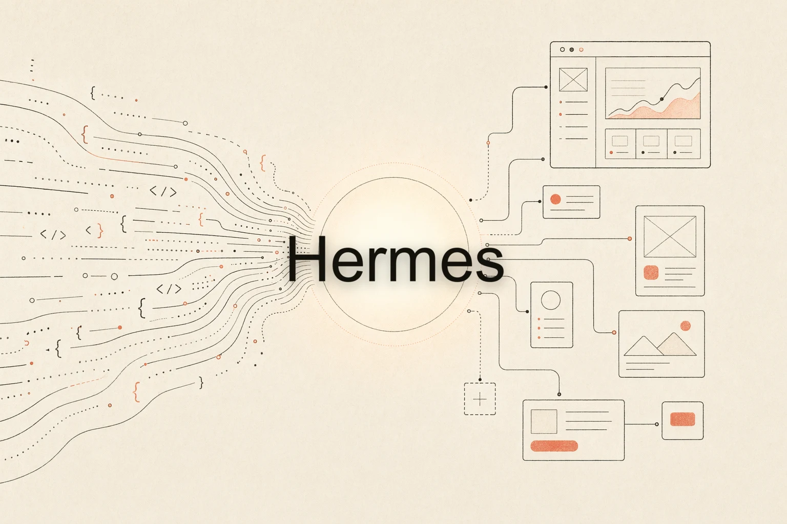 Hermes 设计反馈闭环：一个自主终端 agent 读取参考图、委派给子 agent、一个浏览器渲染 UI 以及一个工作区，反馈箭头回环往复